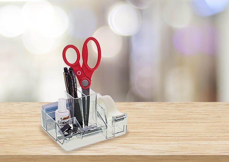 Source One Desk Top Clear Office Supplies Organizer with Tape Dispenser, Business Card Holder